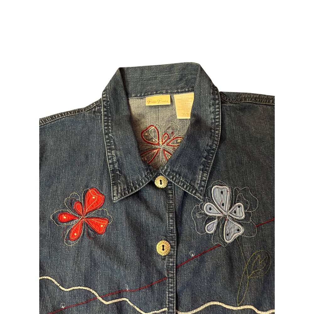 Vintage Early 2000s Bobbie Brooks Denim Blouse Womens L Floral Embroidered - Picture 5 of 16